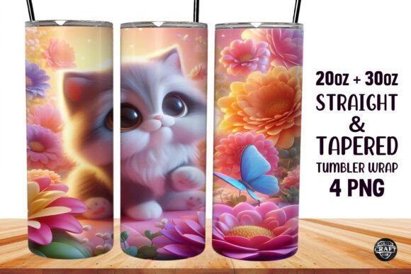 3D Cat & Flowers: Tumbler Wraps for Graphics