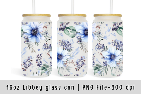 Blue Flowers 16oz Glass Can Wrap: Graphics & Templates