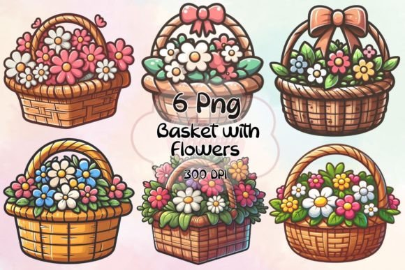 Cute Basket with Flowers Clipart: Graphics & Illustrations