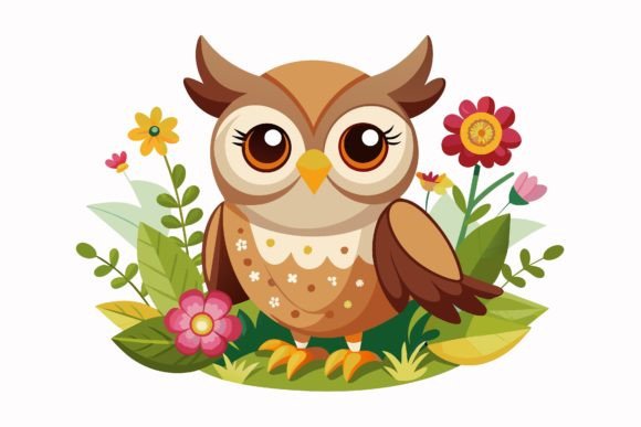 Owls Bird Cartoon with Flowers on a: Fresh Graphics & Illustrations