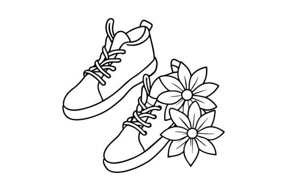 Sneakers and Flowers Line Art: Graphics & Illustrations