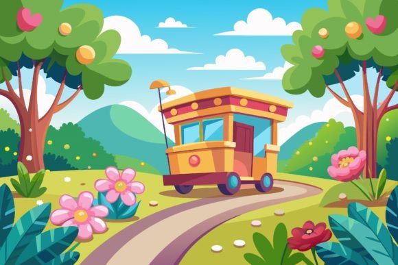 Trolley Road Cartoon with Flowers: Graphics & Illustrations