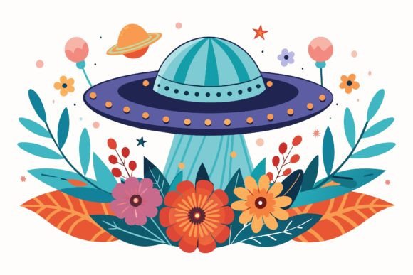 Ufo Sky with Flowers: Graphics & Illustrations