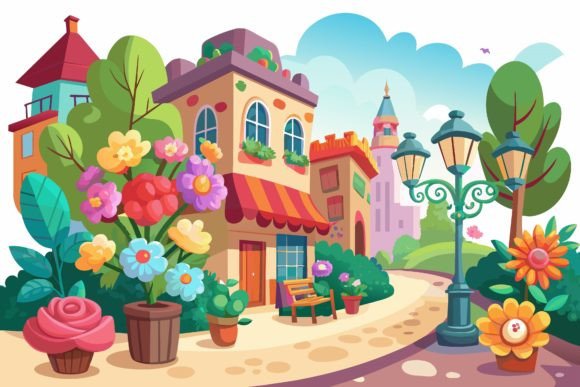 Villages Cartoon with Flowers: Fresh Graphics & Illustrations