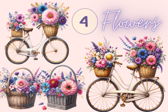 Watercolor Basket with Flowers Clipart: Graphics & Illustrations