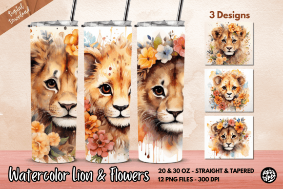 Watercolor Lion Flowers Tumbler Wrap: Graphics for Crafts