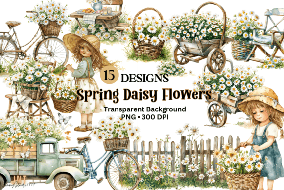 Watercolor Spring Daisy Flowers Clipart: Graphics & Illustrations